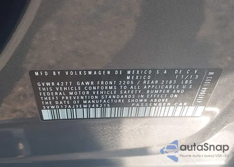 2014 Volkswagen Jetta 1.8T Se z USA, uszkodzony, nr VIN 3VWD17AJ3EM249215